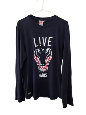Lacoste Men’s Long-Sleeve Live Paris Graphic T Shirt Navy Blue Size 5 Large